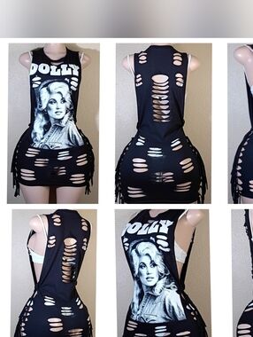Black Custom Designed &  Distressed Dolly Print Cut-Out Tank Top